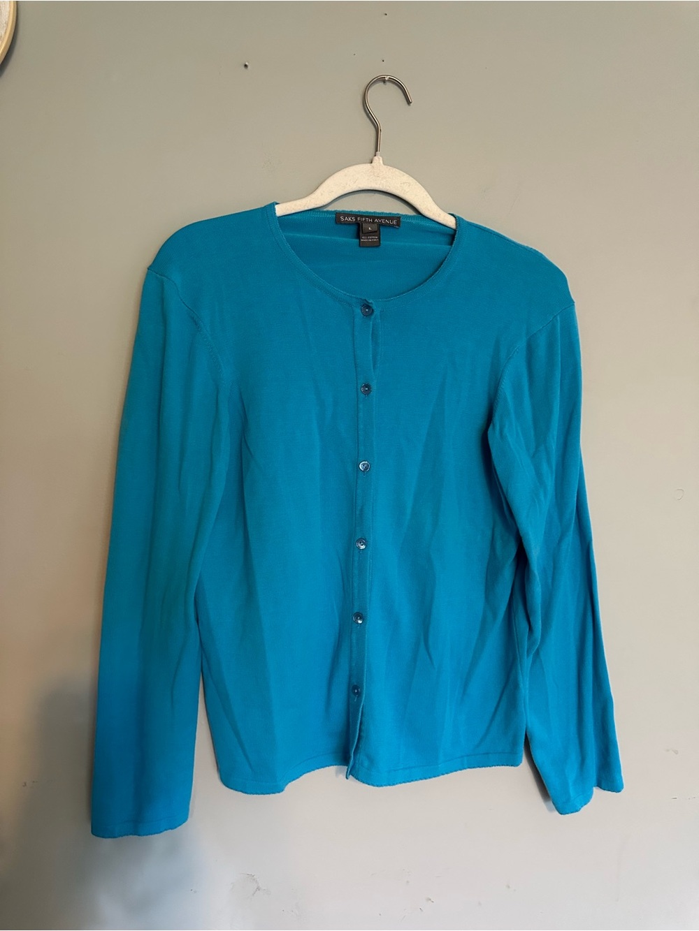 Saks Fifth Avenue Blue Cardigan Sweater Cotton Made in Italy Quiet Luxury Preppy